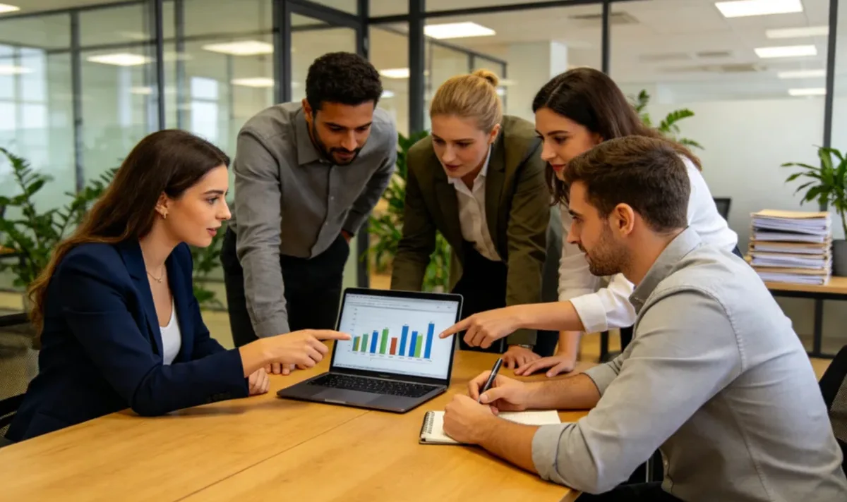 Cinq collègues commentent ensemble un graphique affiché sur un ordinateur portable